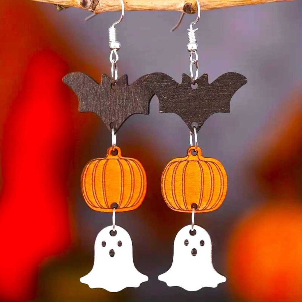 Earrings Halloween Ghost Bat Pumpkin Wood Dangle Trendy Stylish Fun Whimsical
